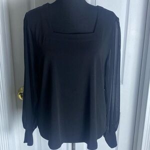 Premise Black Square Neck Blouse Sheer Long Sleeves Solid Wristband Sz XL NWT